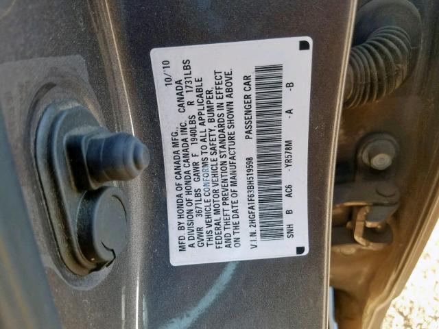 2HGFA1F63BH519598 - 2011 HONDA CIVIC LX-S Boz foto 10