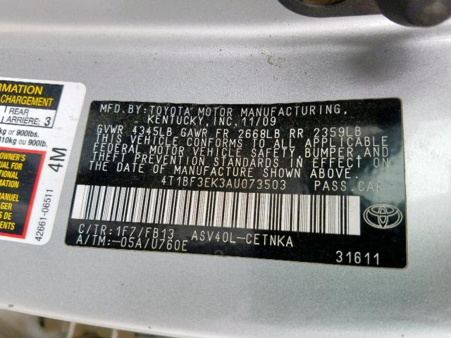 4T1BF3EK3AU073503 - 2010 TOYOTA CAMRY BASE SILVER photo 10