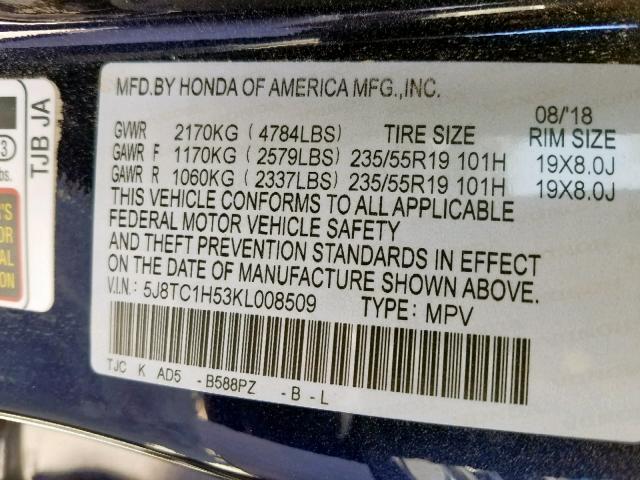 5J8TC1H53KL008509 - 2019 ACURA RDX BLUE photo 10