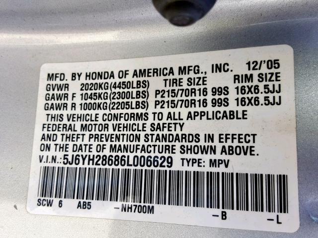 5J6YH28686L006629 - 2006 HONDA ELEMENT EX GRAY photo 10