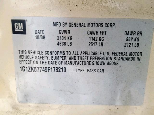 1G1ZK57749F178210 - 2009 CHEVROLET MALIBU LTZ 米色 照片 10