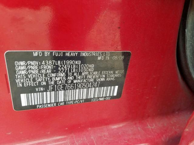 JF1GE76619G504247 - 2009 SUBARU IMPREZA WR RED photo 10