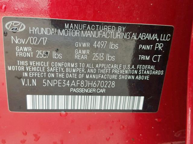 5NPE34AF8JH670228 - 2018 HYUNDAI SONATA SPO RED photo 10