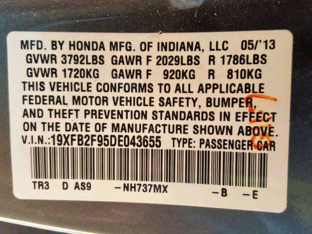 19XFB2F95DE043655 - 2013 HONDA CIVIC EXL 灰色 照片 10