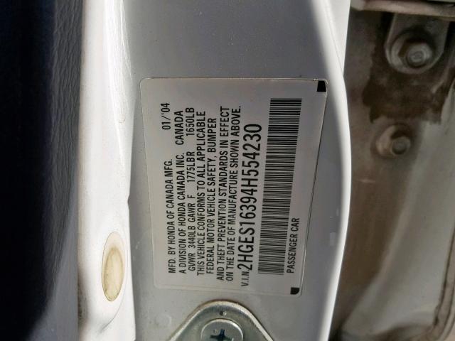 2HGES16394H554230 - 2004 HONDA CIVIC DX V WHITE photo 10