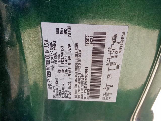 1FTYR14V2XPB09016 - 1999 FORD RANGER SUP GREEN photo 10