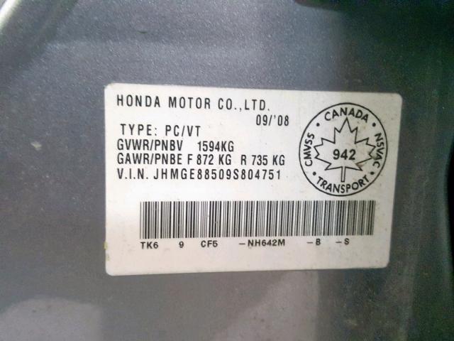 JHMGE88509S804751 - 2009 HONDA FIT LX SILVER photo 10