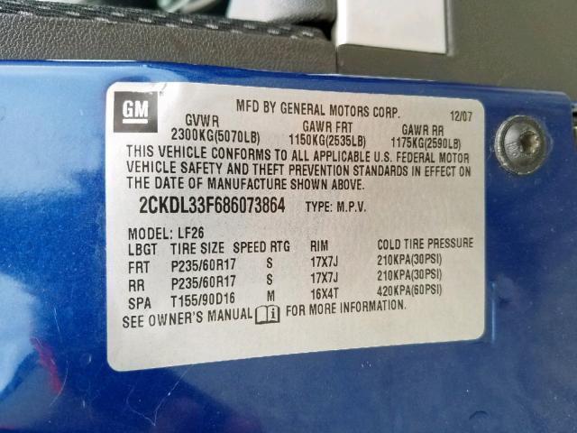 2CKDL33F686073864 - 2008 PONTIAC TORRENT BLUE photo 10