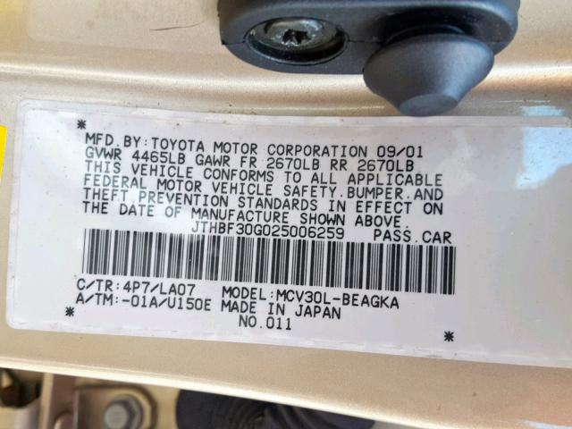 JTHBF30G025006259 - 2002 LEXUS ES 300 GOLD photo 10