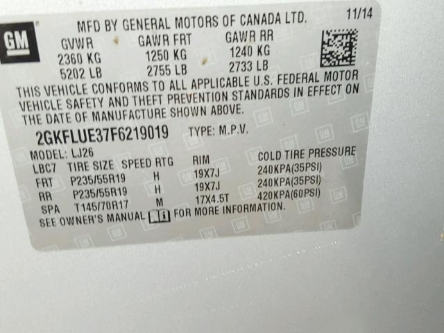 2GKFLUE37F6219019 - 2015 GMC TERRAIN DE SILVER photo 10