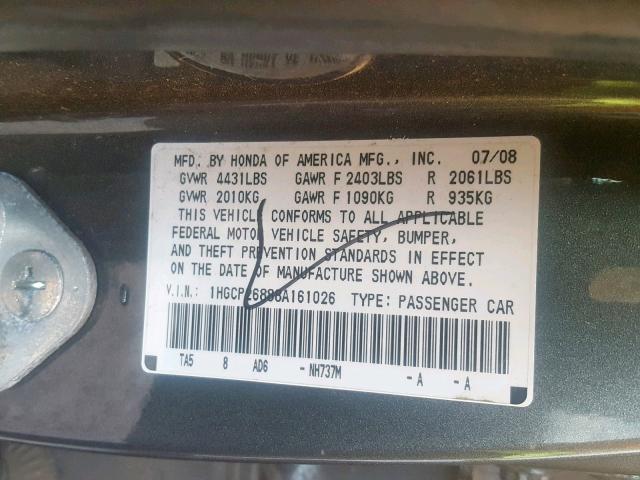 1HGCP26888A161026 - 2008 HONDA ACCORD EXL GRAY photo 10