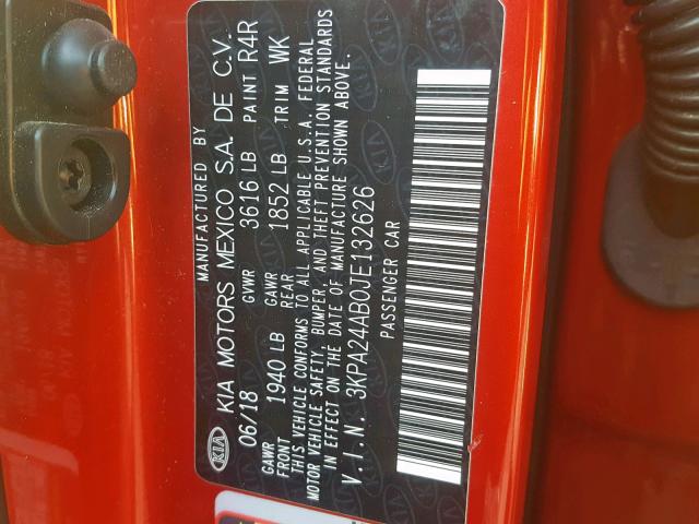 3KPA24AB0JE132626 - 2018 KIA RIO LX RED photo 10