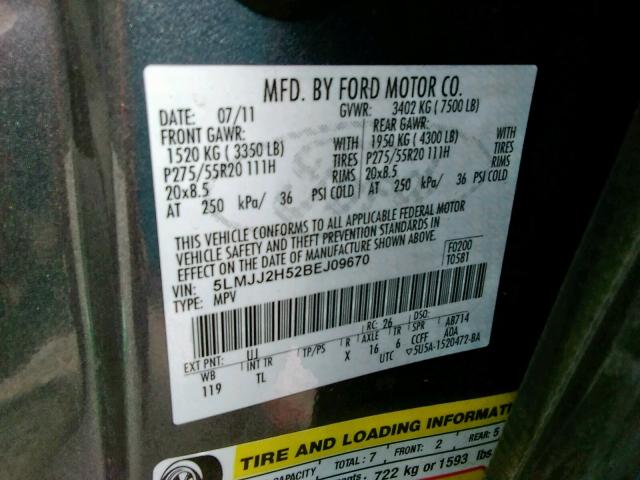 5LMJJ2H52BEJ09670 - 2011 LINCOLN NAVIGATOR ნაცრისფერი ფოტო 10