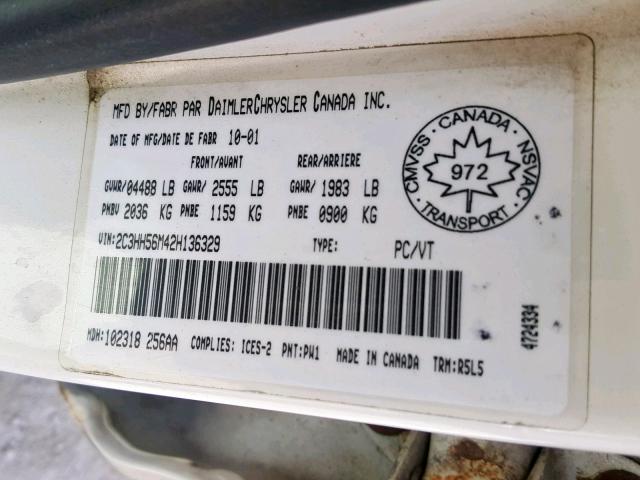 2C3HH56M42H136329 - 2002 CHRYSLER INTREPID E WHITE photo 10