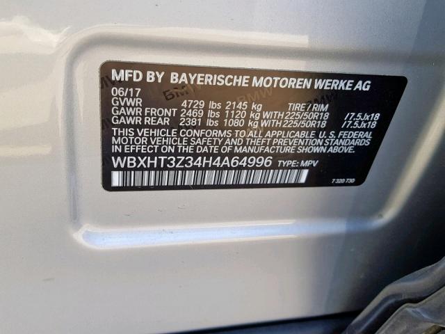 WBXHT3Z34H4A64996 - 2017 BMW X1 XDRIVE2 SILVER photo 10