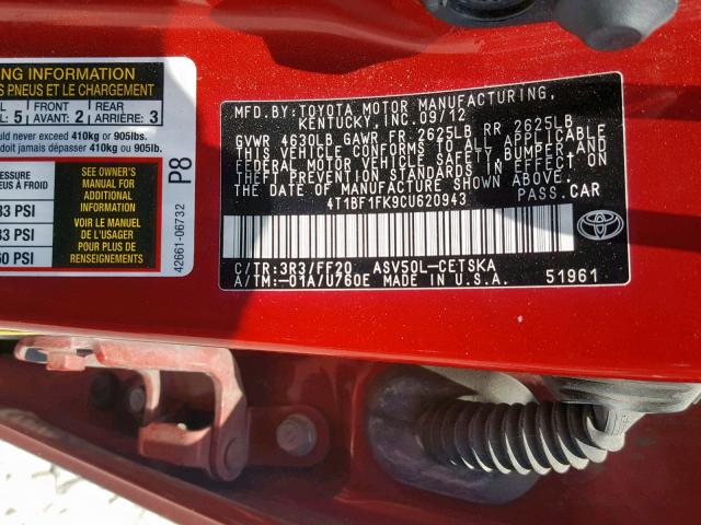4T1BF1FK9CU620943 - 2012 TOYOTA CAMRY BASE RED photo 10