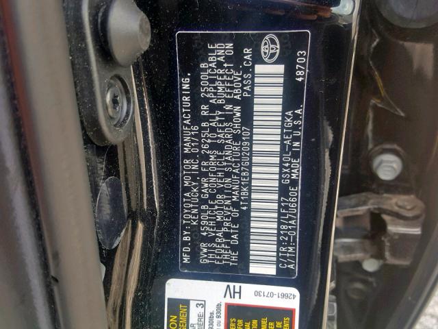 4T1BK1EB7GU209107 - 2016 TOYOTA AVALON XLE BLACK photo 10