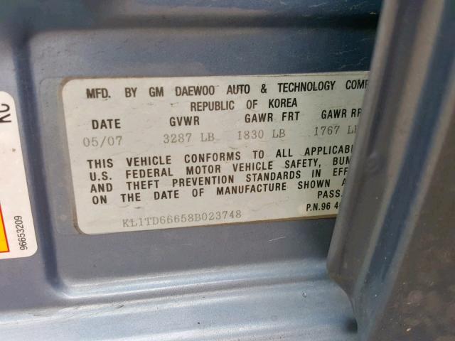 KL1TD66658B023748 - 2008 CHEVROLET AVEO BASE Көк фото 10