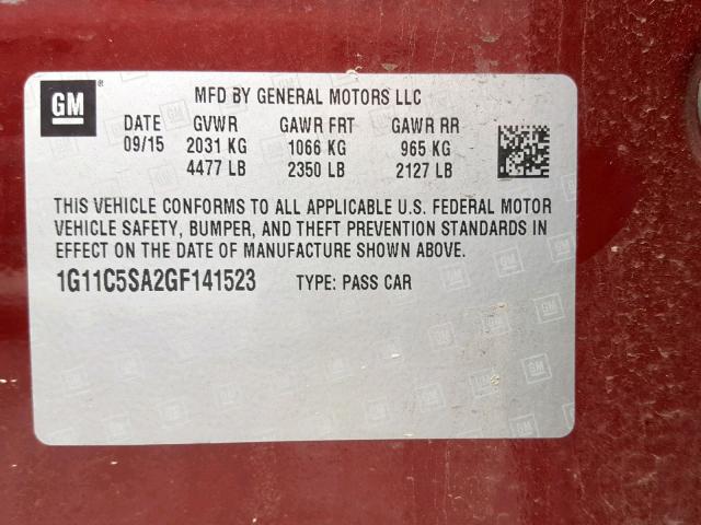 1G11C5SA2GF141523 - 2016 CHEVROLET MALIBU LIM 栗色 照片 10