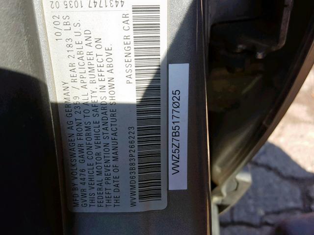 WVWMD63B83P266223 - 2003 VOLKSWAGEN PASSAT GL GRAY photo 10