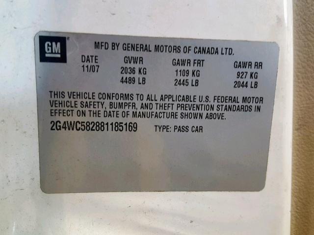 2G4WC582881185169 - 2008 BUICK LACROSSE C WHITE photo 10