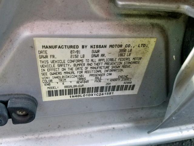 1N4DL01DX1C241581 - 2001 NISSAN ALTIMA XE SILVER photo 10