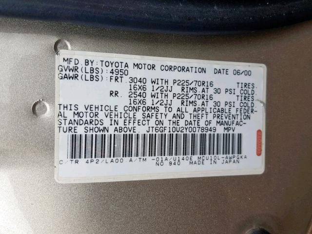 JT6GF10U2Y0078949 - 2000 LEXUS RX 300 GOLD photo 10