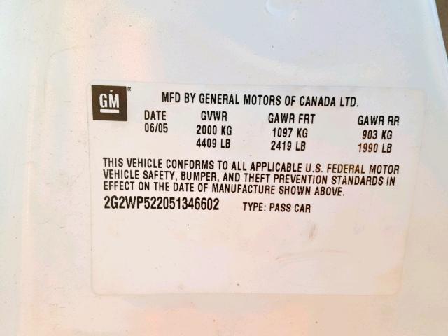 2G2WP522051346602 - 2005 PONTIAC GRAND PRIX WHITE photo 10