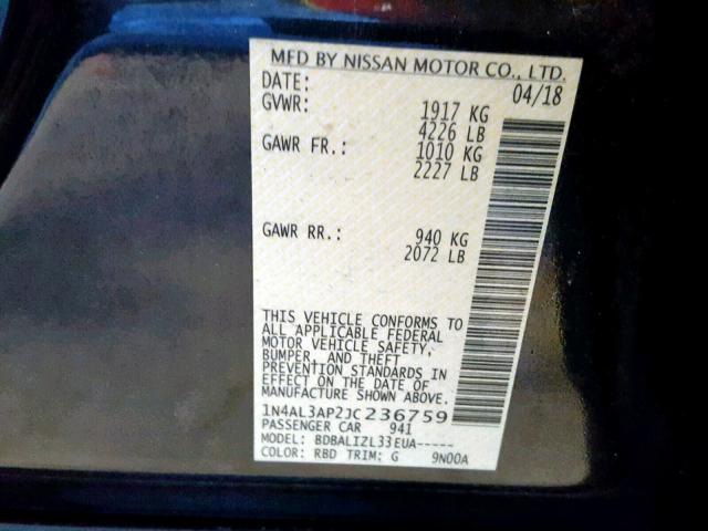 1N4AL3AP2JC236759 - 2018 NISSAN ALTIMA 2.5 GRAY photo 10