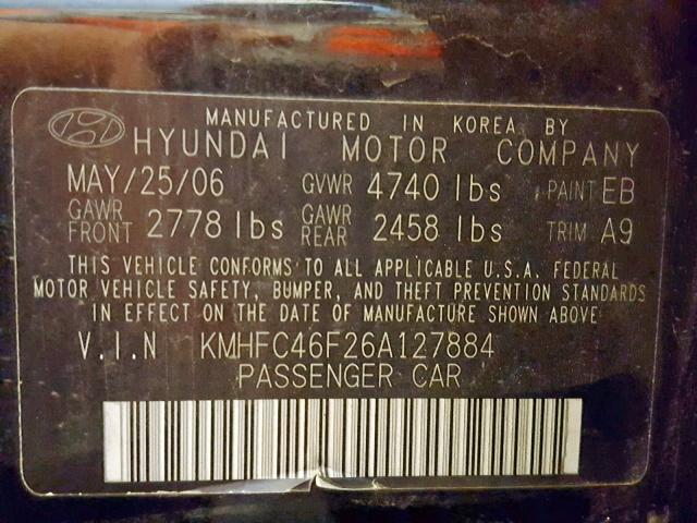 KMHFC46F26A127884 - 2006 HYUNDAI AZERA SE BLACK photo 10