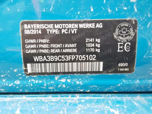 WBA3B9C53FP705102 - 2015 BMW 335 XI BLUE photo 10