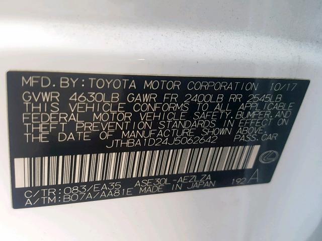 JTHBA1D24J5062642 - 2018 LEXUS IS 300 WHITE photo 10