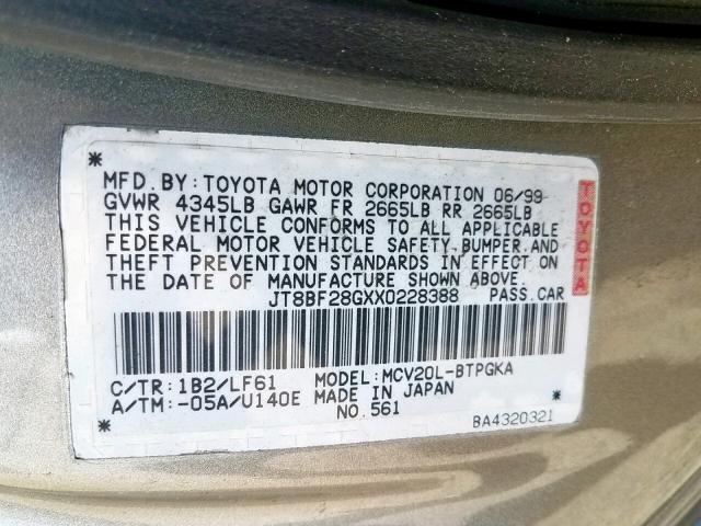 JT8BF28GXX0228388 - 1999 LEXUS ES 300 GRAY photo 10