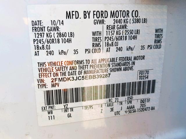 2FMDK3JC5EBB39287 - 2014 FORD EDGE SEL WHITE photo 10