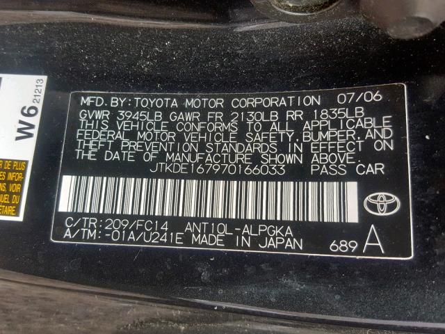 JTKDE167970166033 - 2007 TOYOTA SCION TC შავი ფოტო 10