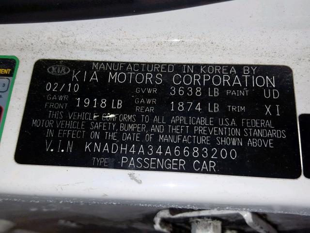 KNADH4A34A6683200 - 2010 KIA RIO LX WHITE photo 10