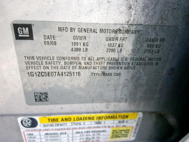 1G1ZC5E07A4125116 - 2010 CHEVROLET MALIBU 1LT 银色 照片 10