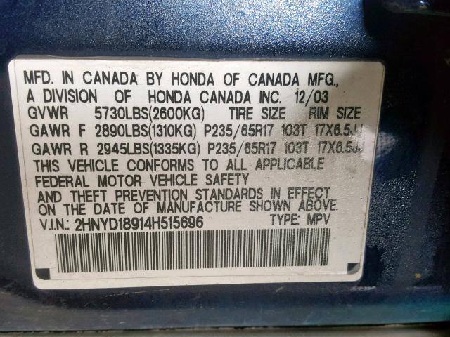 2HNYD18914H515696 - 2004 ACURA MDX TOURIN BLUE photo 10