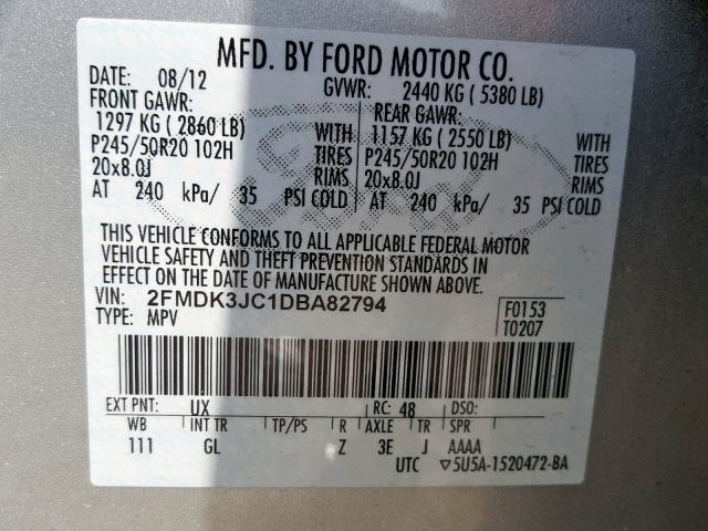 2FMDK3JC1DBA82794 - 2013 FORD EDGE SEL SILVER photo 10