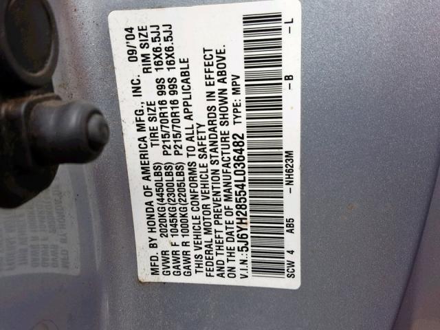 5J6YH28554L036482 - 2004 HONDA ELEMENT EX GRAY photo 10