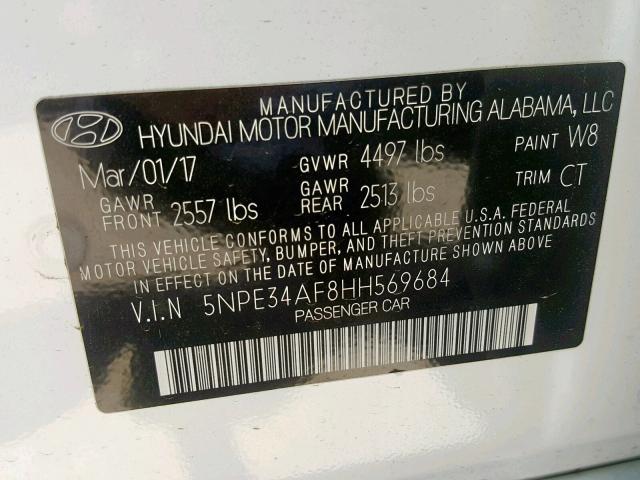 5NPE34AF8HH569684 - 2017 HYUNDAI SONATA SPO WHITE photo 10