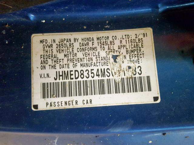 JHMED8354MS011933 - 1991 HONDA CIVIC CRX BLUE photo 10