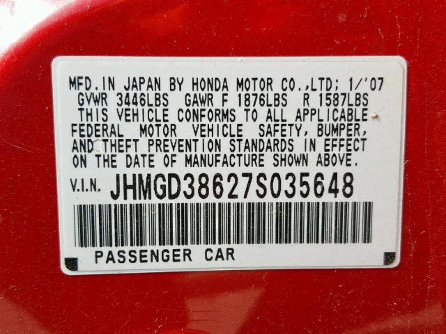 JHMGD38627S035648 - 2007 HONDA FIT S RED photo 10