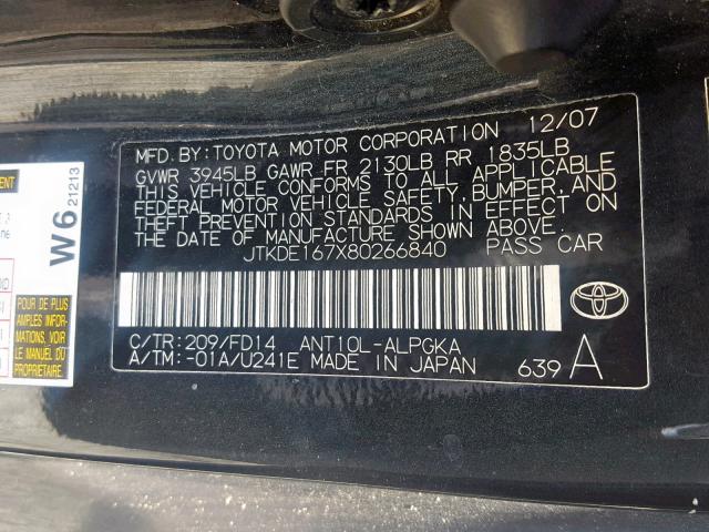 JTKDE167X80266840 - 2008 TOYOTA SCION TC 黑色 照片 10