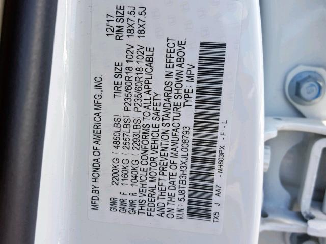 5J8TB3H3XJL008793 - 2018 ACURA RDX WHITE photo 10