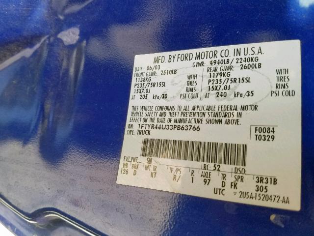 1FTYR44U33PB63766 - 2003 FORD RANGER SUP BLUE photo 10