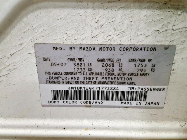 JM1BK12G471773884 - 2007 MAZDA 3 I WHITE photo 10