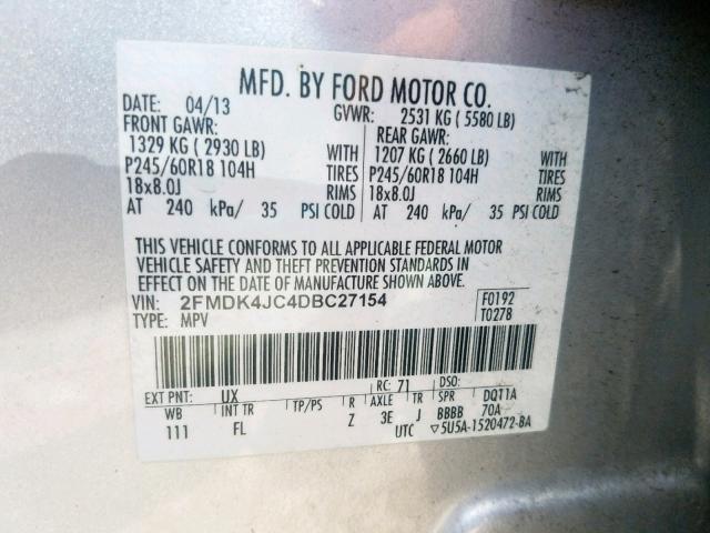 2FMDK4JC4DBC27154 - 2013 FORD EDGE SEL SILVER photo 10