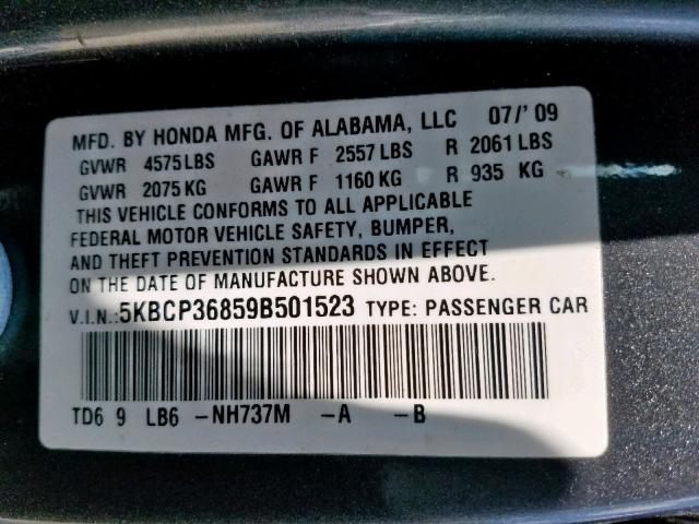 5KBCP36859B501523 - 2009 HONDA ACCORD EXL BLACK photo 10