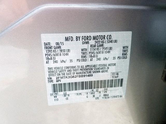 2FMTK3G82FBB91489 - 2015 FORD EDGE SE SILVER photo 10